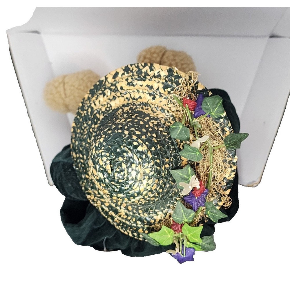 Vintage 1990s Delton Charlotte Victorian Teddy Bear Green Velvet Dress Straw Hat - Picture 7 of 10